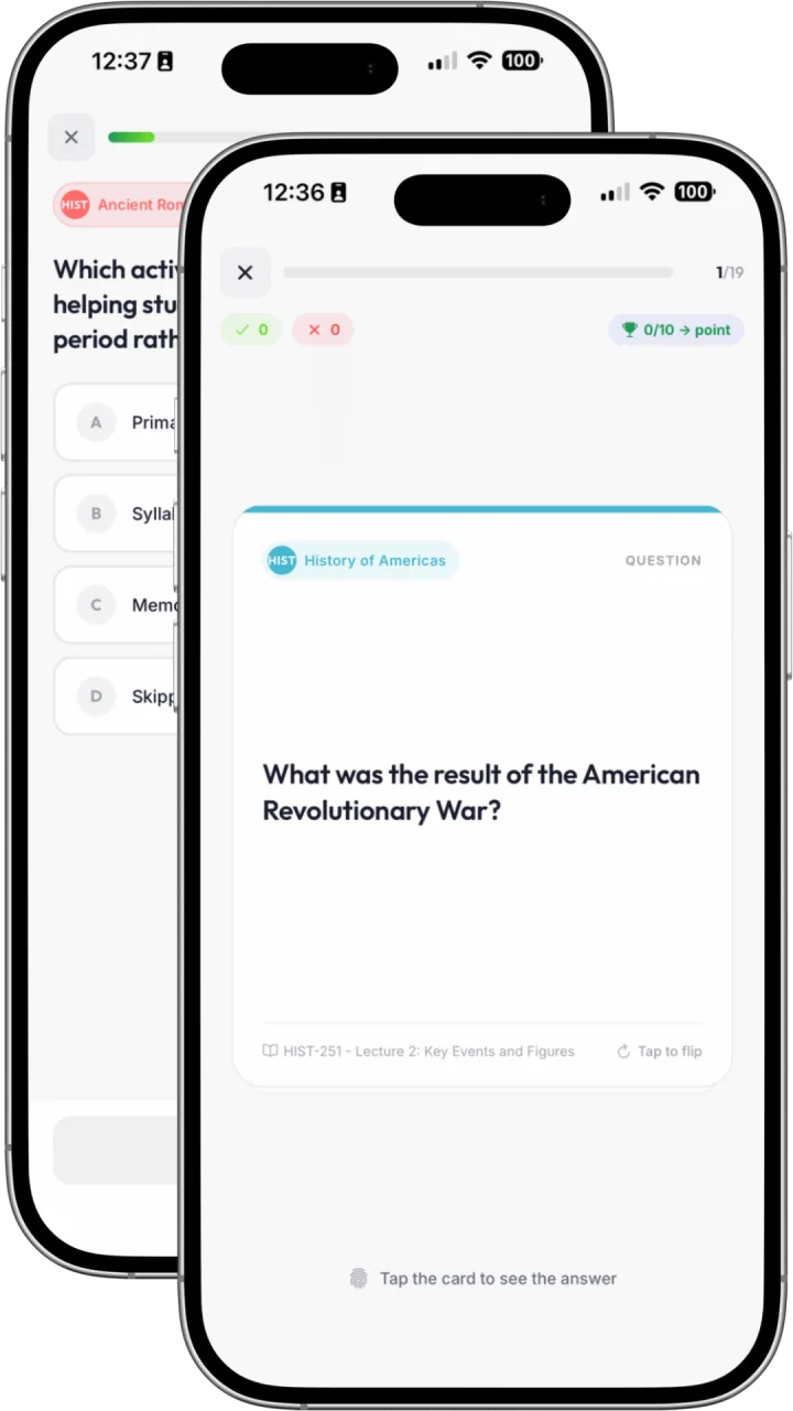 The Katav app showing a flashcard and a multiple-choice quiz question