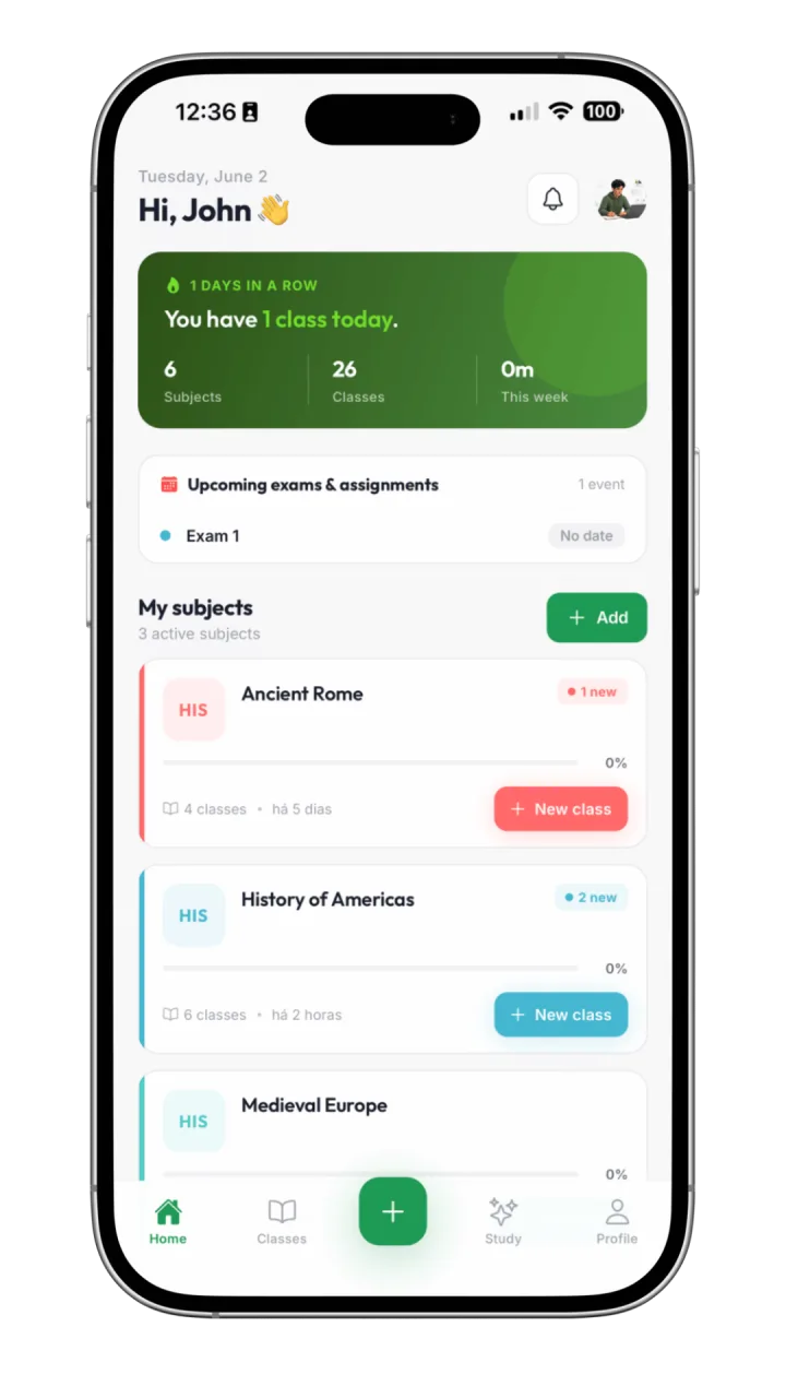 Katav home screen with today's classes, upcoming exams and the list of subjects