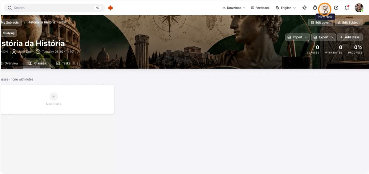 Create a class with the New Note button