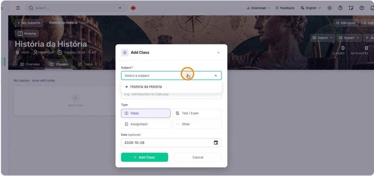 Create a class with the New Note button