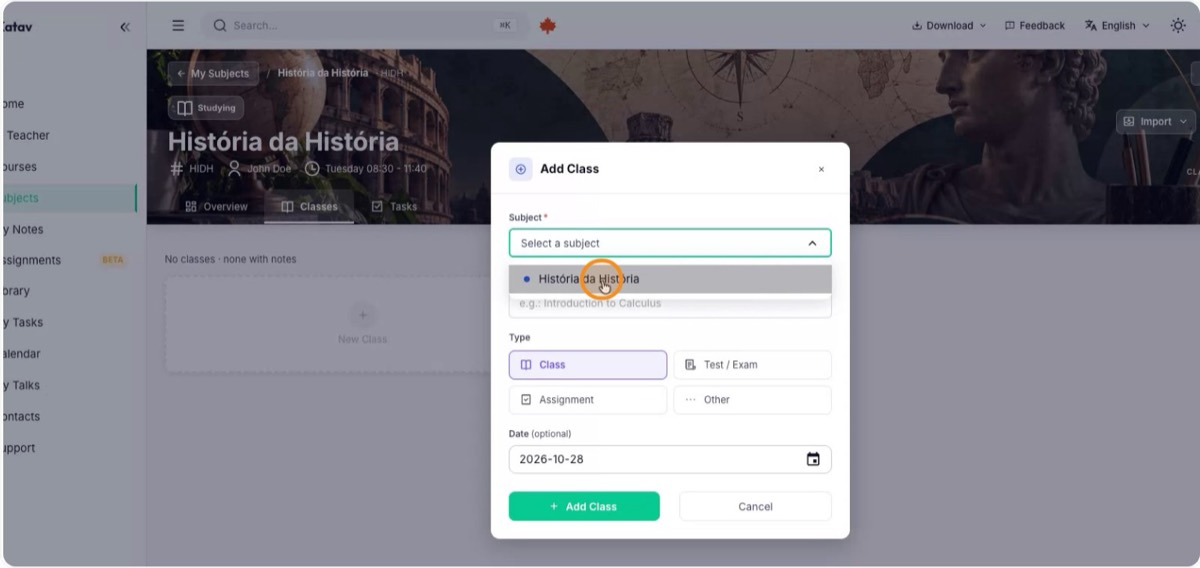 Create a class with the New Note button