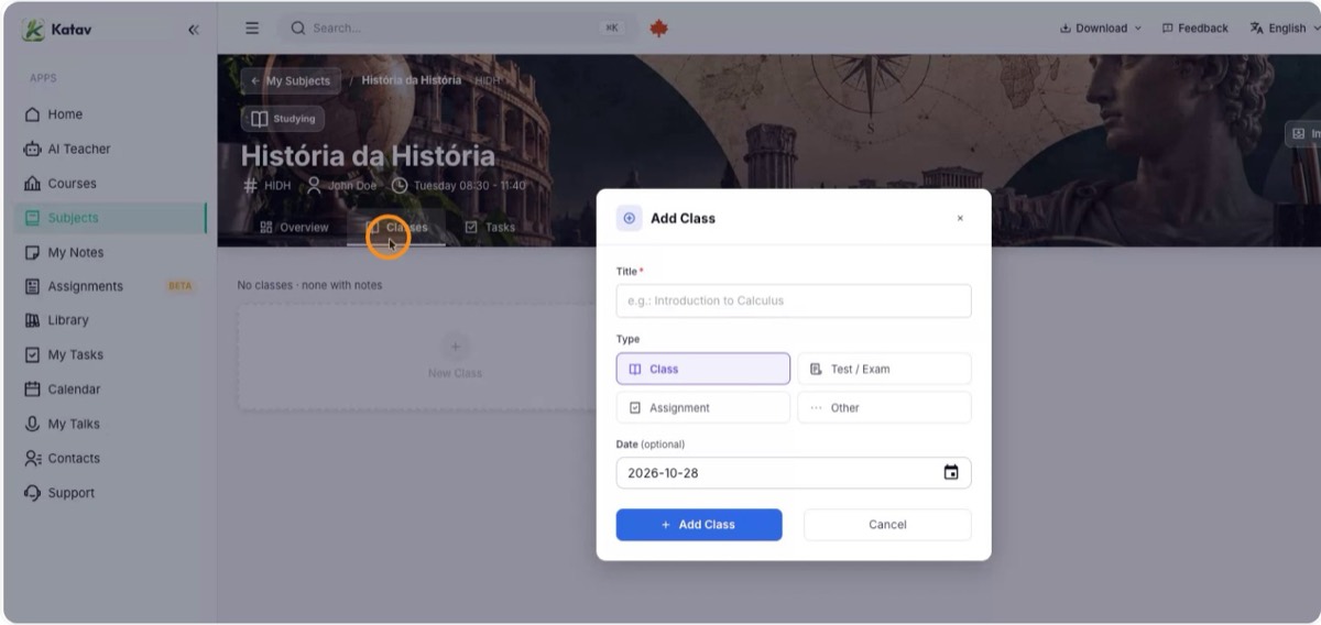 Or create it from the subject’s Classes tab