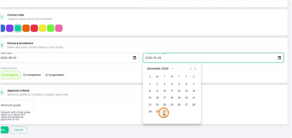 Configure o período do curso