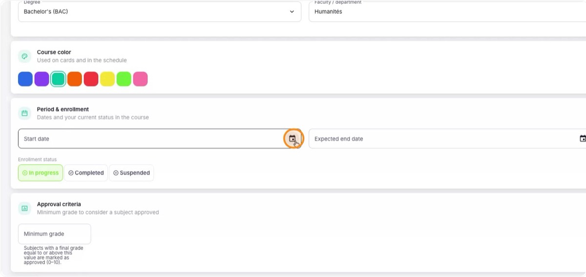 Configure o período do curso