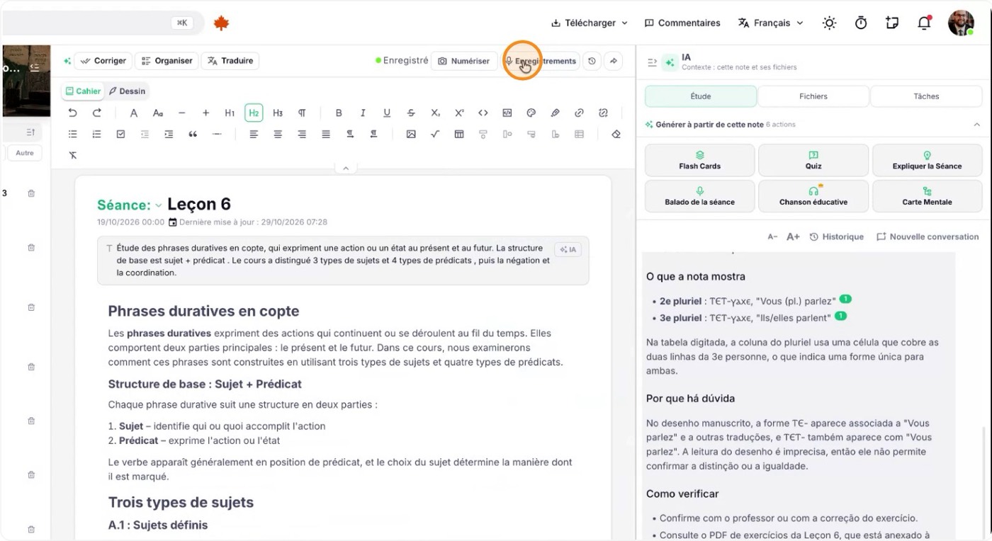 Abre la clase y la barra lateral de grabaciones